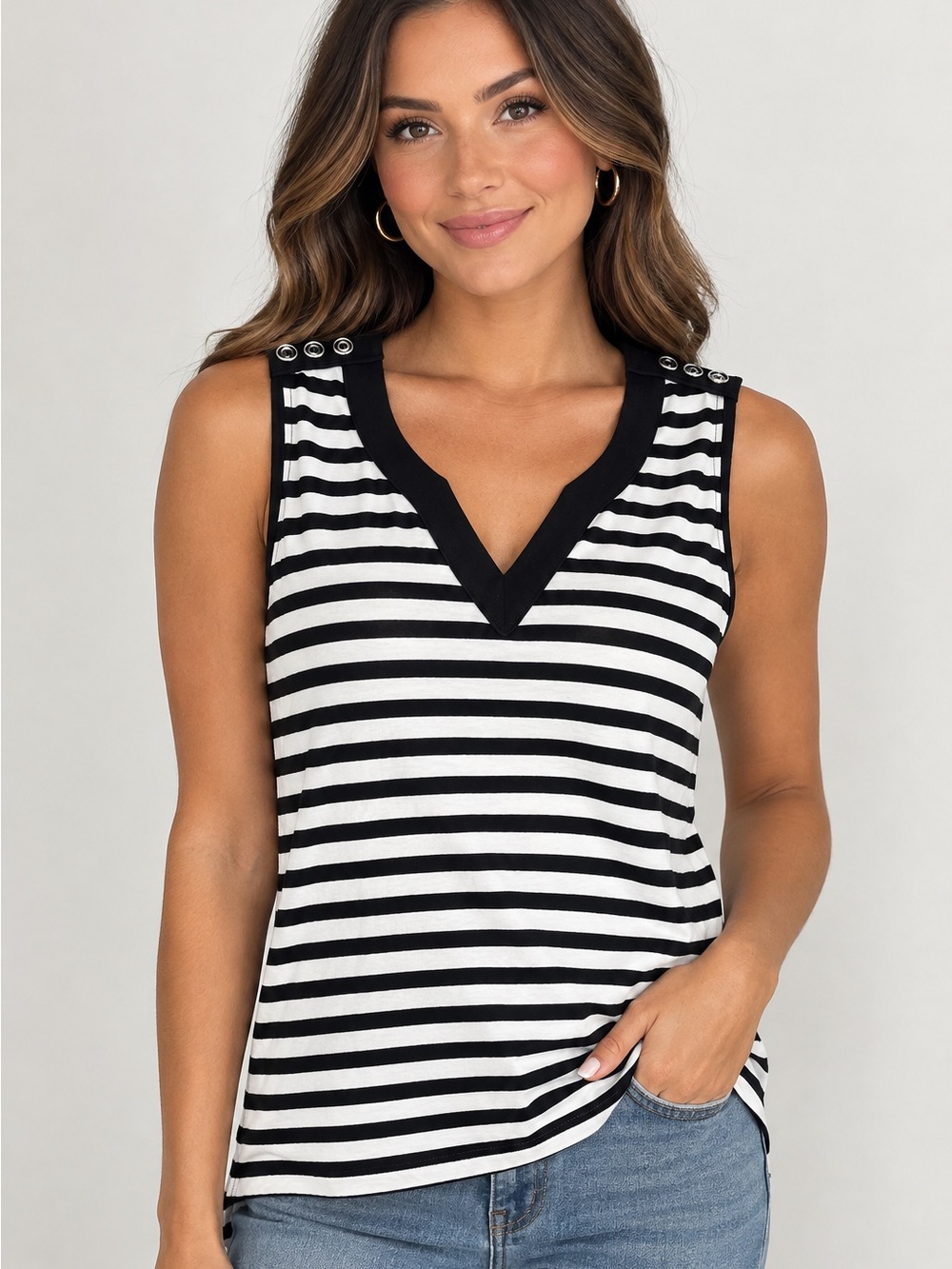 White House Black Market Black & White Striped V-Neck Tank